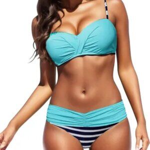 TORQUOISE NAVY WHITE STRIPE PUSH UP SWIM TOP & LOW RISE BIKINI SET SZ SMALL NWOT